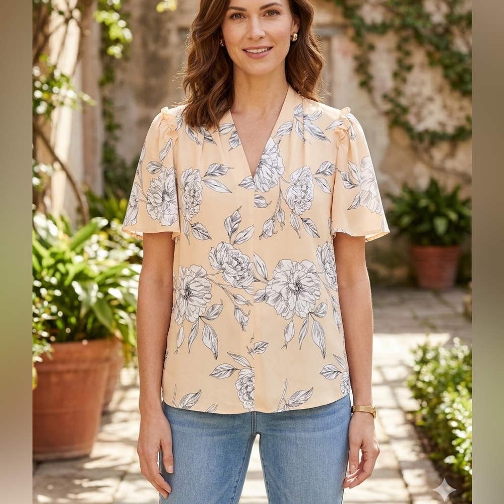Liz Claiborne Floral Beige Blouse Size L NWT